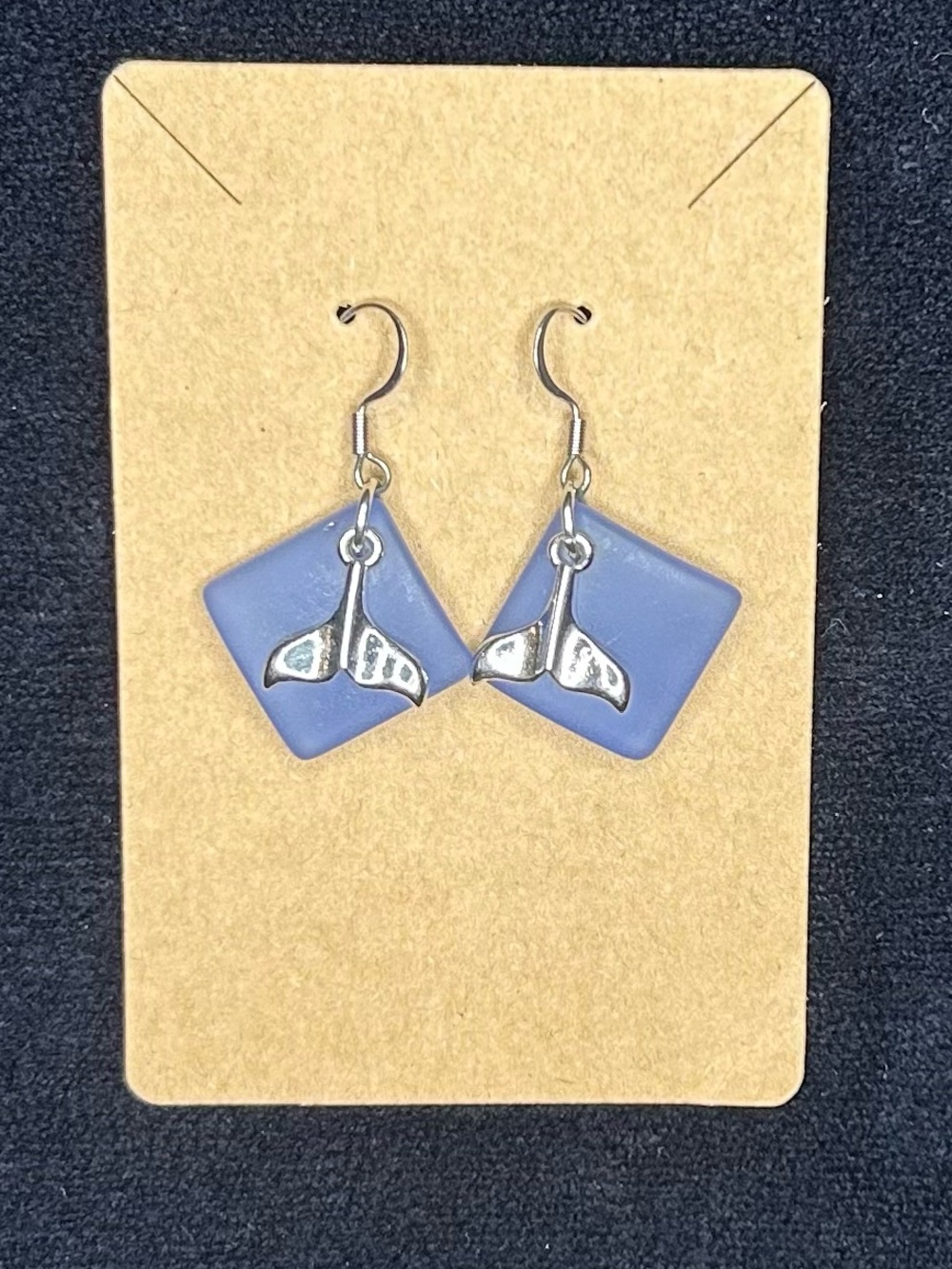 Tail Charm Earrings on Blue Sea Glass Squares